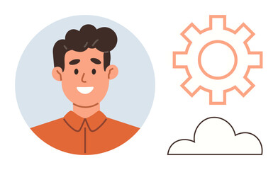 Portrait of a smiling man in orange shirt with gear and cloud illustrations. Ideal for technology, teamwork, innovation, creativity, personal growth, digital development, business. Simple flat