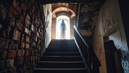 A ghostly figure on ancient stairs
