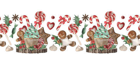 Seamless horizontal border with Christmas sweets. The watercolor illustration with gingerbread, lollipops, and cupcakes is hand-drawn. For New Year's packaging design, postcards, holiday decoration