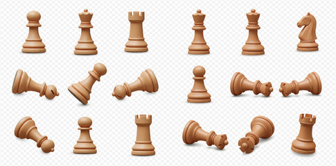 Collection of realistic light wooden chess pieces, some standing upright and others fallen, against a transparent background. © Heri