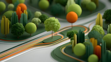 Colorful 3D Illustration of Abstract Landscape with Trees, Roads, and Greenery Elements