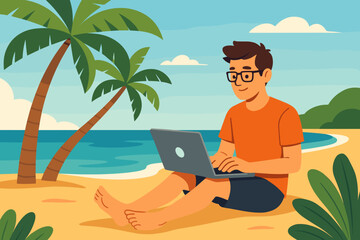 Fototapeta premium Young man working happily on laptop at the beach with palm trees and ocean background