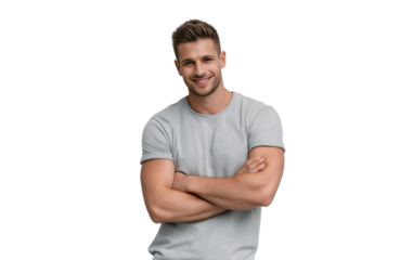 A handsome young man with short brown hair and a beard, wearing a grey tshirt, smiles confidently with his arms crossed, isolated on transparent background
