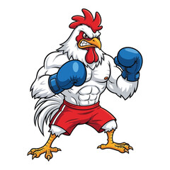 Muscular cartoon rooster boxing with blue gloves ready to fight sporty character