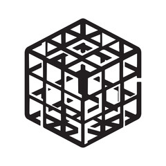 Geometric Cube Structure with Abstract Human Silhouette Minimalist Vector