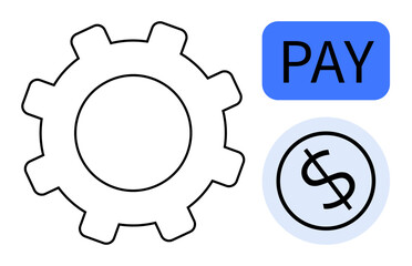 Gear symbol next to a pay button and currency sign, conveying concepts of transactions, automation, e-commerce, digital finance, business operations, fintech, and innovation. Ideal for a simple flat