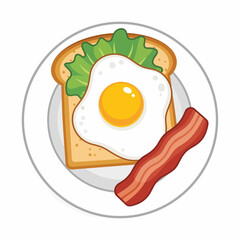 Cartoon Breakfast Plate with SunnySide Up Egg Lettuce Toast and Bacon.