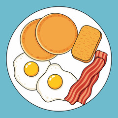 Cartoon Breakfast Plate with Pancakes Eggs Bacon and Hashbrown.