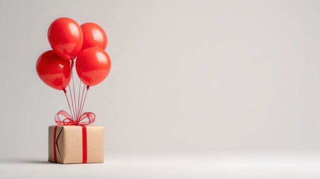 Gift box with red balloons and ribbon, festive scene for Christmas and holiday joy