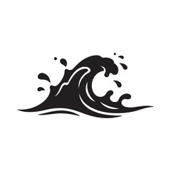 Flat vector illustration of a black stylized ocean wave with splashes