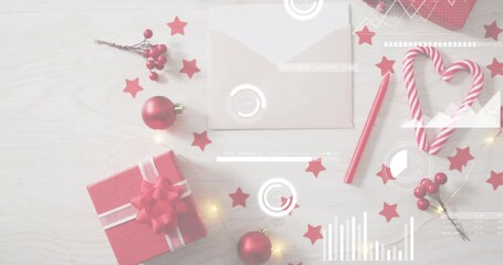 Semi-transparent HUD graphics fading onto holiday tabletop floating charts visualizing data - Powered by Adobe