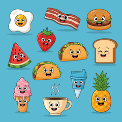 Cartoon Food Characters SunnySide Up Egg Bacon Burger Strawberry Taco Toast and More.