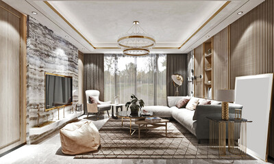 Luxury home living room, 3d render