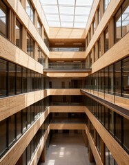 Obraz premium Atrium with timber facade glass roof and symmetry in daylight 