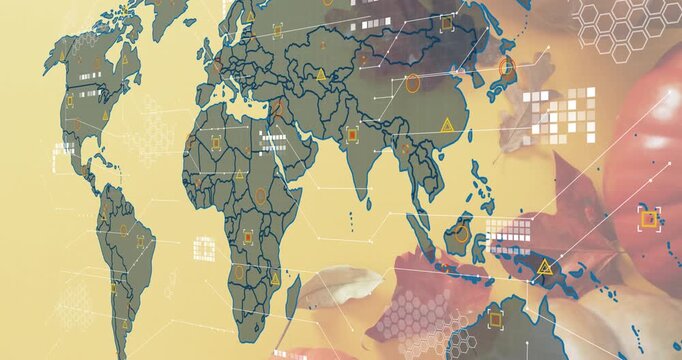 On start, world map outline emerging while borders drawing, icons pulsing and linking data flow