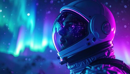 Male astronaut in cosmic helmet reflects universe with aurora filled night sky symbolizing wonder, unity and futuristic exploration of galaxies beyond Earth