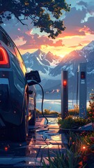 Electric car charging at scenic mountain overlook