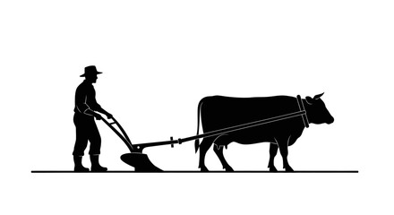 A silhouette of a farmer plowing a field with an ox