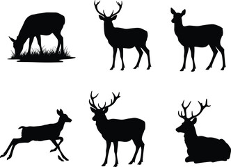 Deer silhouette vector set, antlered and antlerless deer poses, wildlife animal illustration, forest nature clipart, hunting graphic, jumping and resting deer
