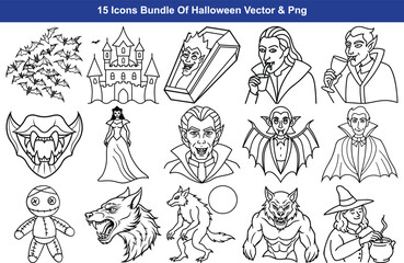 Spooky halloween icons set featuring vampires werewolves ghosts and haunted castle line art isolated on transparent background