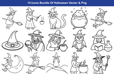 Spooky halloween icons set featuring witches cats and cauldrons for your creative projects isolated on transparent background