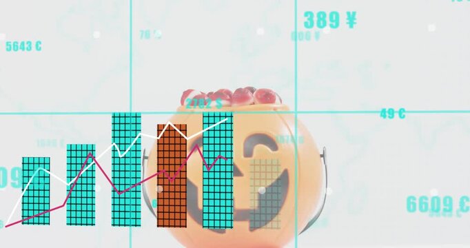 Opening pumpkin bucket, numbers floating, grid appearing, bars rising, lines showing market trend
