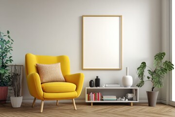 Fototapeta premium Cozy Living Room with Stylish Yellow Armchair and Green Plants
