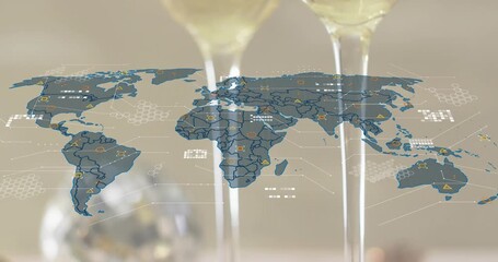 At start world map fading with popping icons forming grid, flutes filling bubbles celebrating data - Powered by Adobe