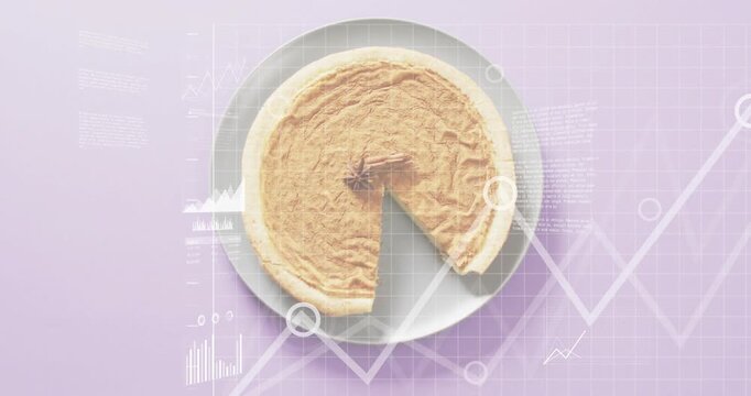 Digital charts fading in, surrounding tart slice, growing bars, sliding graphs showing sales trends