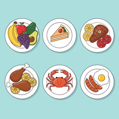 Cartoon Plates of Diverse Food Items Fruits Pie Steak Chicken Crab and Breakfast.