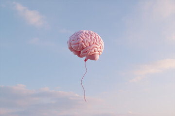 A pink brain shaped balloon floats in a clear blue sky with wispy clouds, symbolizing ideas and imagination