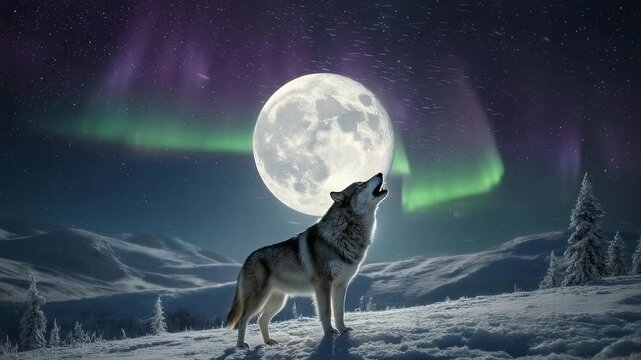 A lone wolf howling under the moon, framed by the stunning aurora borealis