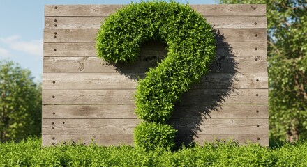 Green Question Mark on Wooden Fence - Environmental mystery, nature's query, sustainable future, growth uncertainty, eco-friendly problem