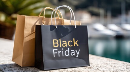 Festive gifts and shopping bags are neatly placed on a wooden surface, offering a glimpse of an enjoyable shopping experience by the sea