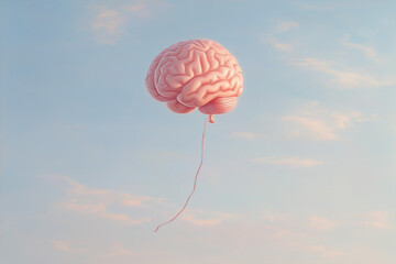 A pink brain shaped balloon drifts serenely in a vast blue sky with scattered clouds, its tether trailing