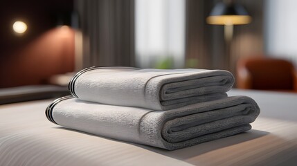 Neatly Folded White Towels on a Bed Ready for Guests in a Cozy Hotel Room Setting
