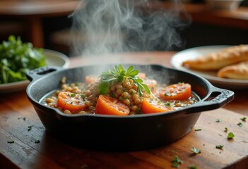 Sizzling Cast Iron Skillet Culinary Creation Bubbly Texture Fresh Ingredients Earthy Aroma