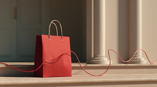 Stylish Red Shopping Bag with Wire on Steps of Elegant Building Displaying Modern Lifestyle