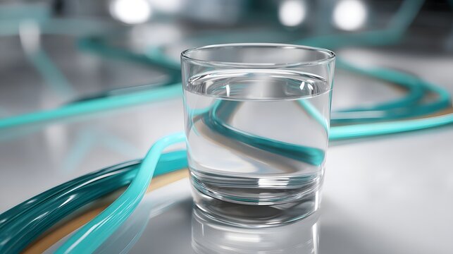 Clear Glass of Water Surrounded by Colorful Tubes on a Reflective Surface