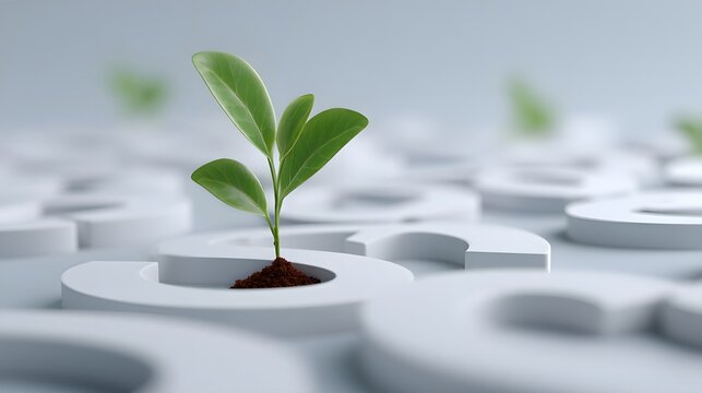 Green Sprout Emerging from White Question Marks Symbolizing Growth and Inquiry in Business