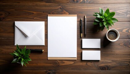 Mockup blank paper with office supplies on wood background.