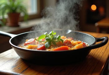 Sizzling Cast Iron Skillet Culinary Creation Bubbly Texture Fresh Ingredients Earthy Aroma