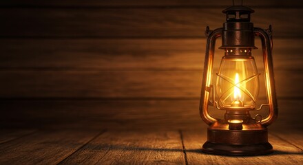 Illuminated Oil Lantern on Wooden Surface - A glowing oil lantern sits on a dark wooden surface, creating a warm and inviting atmosphere. Perfect for themes of adventure, history, or rustic charm