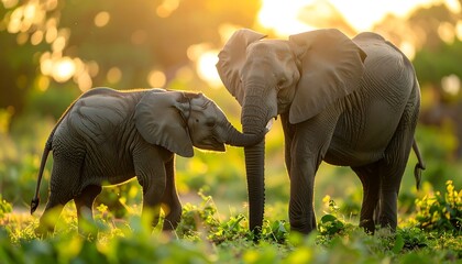 Elephants in golden sunlight