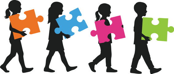 Children carrying colorful puzzle pieces in silhouette, symbolizing teamwork, collaboration, unity, learning, and childhood development in educational concept art.