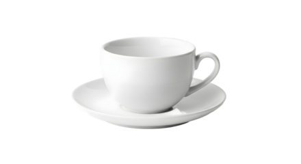 A classic white ceramic teacup and saucer set with a plain design, isolated on a clean white background with no shadow, logo, or text