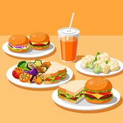 Colorful Food Arrangement with Burgers Sandwiches Grilled Vegetables and Orange Juice.