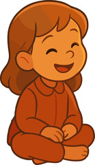 A cheerful little girl in cozy red pajamas sits cross-legged, smiling and laughing with joy.