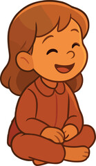 A cheerful little girl in cozy red pajamas sits cross-legged, smiling and laughing with joy.