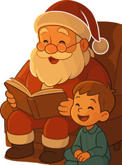 Santa Claus reads a joyful story to a smiling child in pajamas, creating a warm and festive Christmas moment.